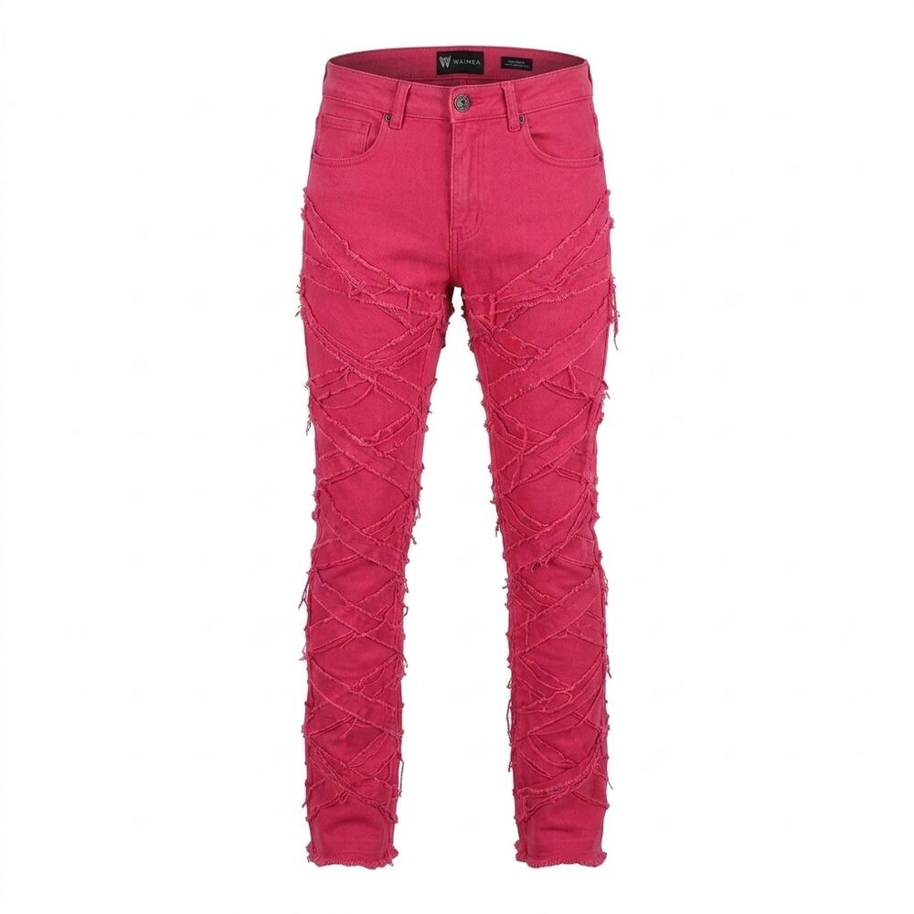 Waimea Stacked Pink Distressed Skinny Fringe Stretch Jeans Men Size 30